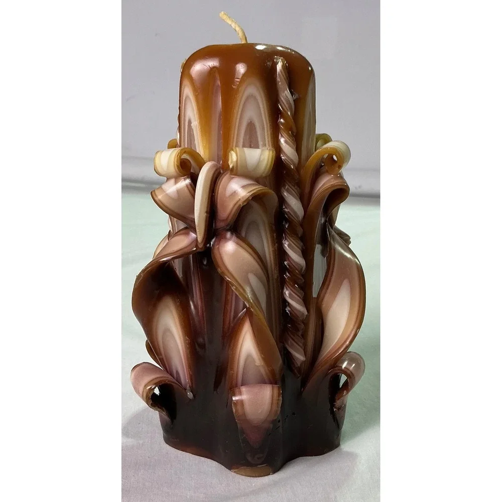 Vintage Hand Carved Layered Pillar Candle Brown Pink Cream Floral Scroll